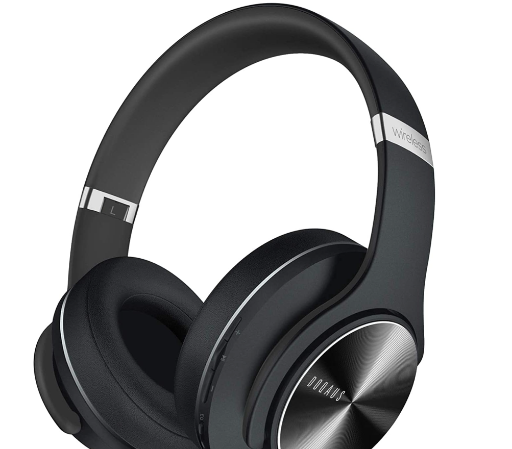 Image of DOQAUS Bluetooth Headphones in black, featuring over-ear design with soft memory-foam protein earpads and an adjustable headband. The headphones are lightweight, foldable, and equipped with Bluetooth 5.3 technology for stable wireless connectivity. They offer up to 90 hours of playtime and include three EQ modes for customizable sound. A built-in microphone allows for hands-free calls, and a 3.5mm audio cable provides optional wired connection